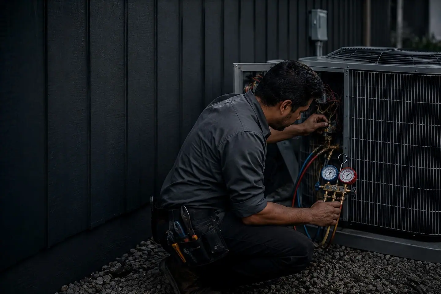 A technician servicing a residential air-conditioning condensing unit outside a house.